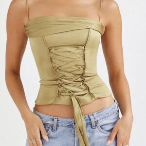 House Of Cb 'Letitia' Olive Satin Lace Up Corset